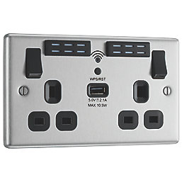 LAP  13A 2-Gang SP Switched Wi-Fi Extender + 2.1A 10.5W 1-Outlet Type A USB Charger Brushed Steel with Black Inserts