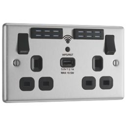 LAP  13A 2-Gang SP Switched Wi-Fi Extender + 2.1A 10.5W 1-Outlet Type A USB Charger Brushed Steel with Black Inserts