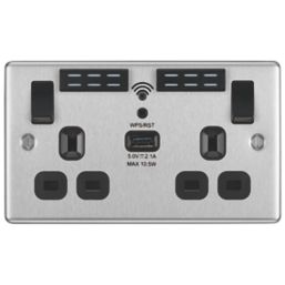 LAP  13A 2-Gang SP Switched Wi-Fi Extender + 2.1A 10.5W 1-Outlet Type A USB Charger Brushed Steel with Black Inserts
