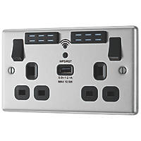 LAP  13A 2-Gang SP Switched Wi-Fi Extender + 2.1A 1-Outlet Type A USB Charger Brushed Steel with Black Inserts