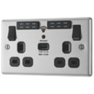 LAP  13A 2-Gang SP Switched Wi-Fi Extender + 2.1A 10.5W 1-Outlet Type A USB Charger Brushed Steel with Black Inserts