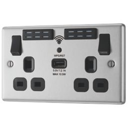 LAP  13A 2-Gang SP Switched Wi-Fi Extender + 2.1A 10.5W 1-Outlet Type A USB Charger Brushed Steel with Black Inserts