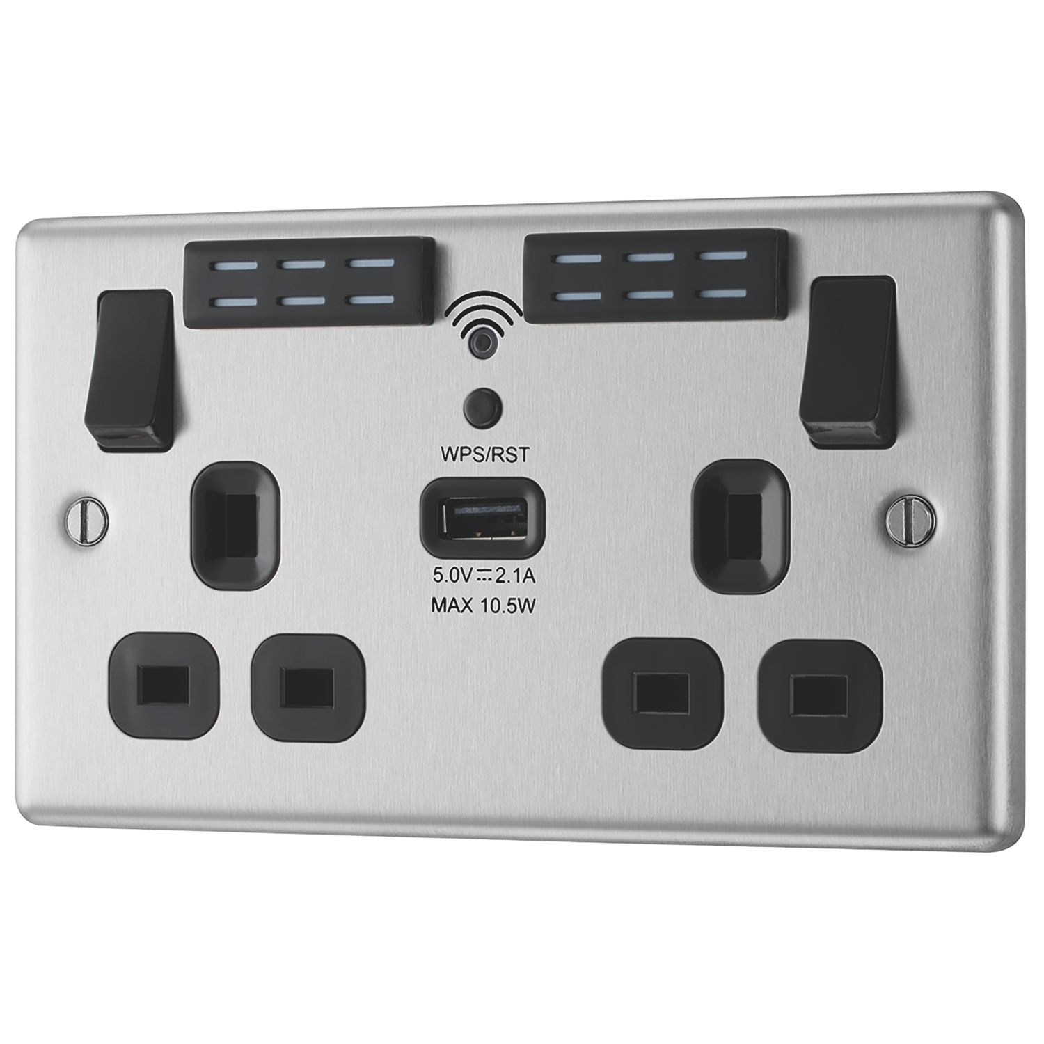 LAP 13A 2-Gang SP Switched Wi-Fi Extender + 2.1A 10.5W 1-Outlet Type A USB Charger Brushed Steel with Black Inserts (658FV)