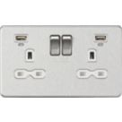 Knightsbridge  13A 2-Gang SP Switched Socket + 2.4A 12W 2-Outlet Type A USB Charger Brushed Chrome with White Inserts
