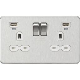 Knightsbridge  13A 2-Gang SP Switched Socket + 2.4A 12W 2-Outlet Type A USB Charger Brushed Chrome with White Inserts