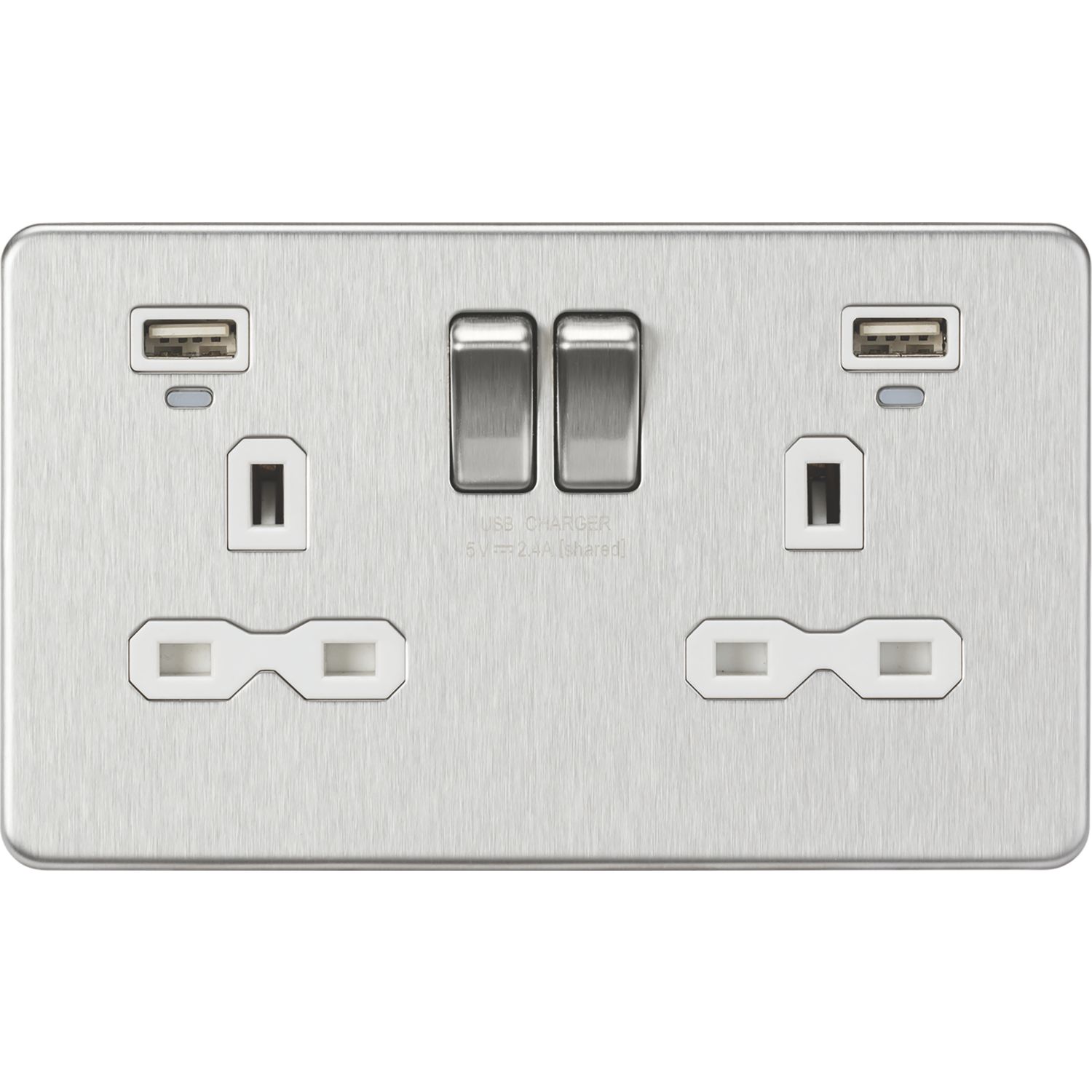 Knightsbridge 13A 2-Gang SP Switched Socket + 2.4A 12W 2-Outlet Type A USB Charger Brushed Chrome with White Inserts (658TX)
