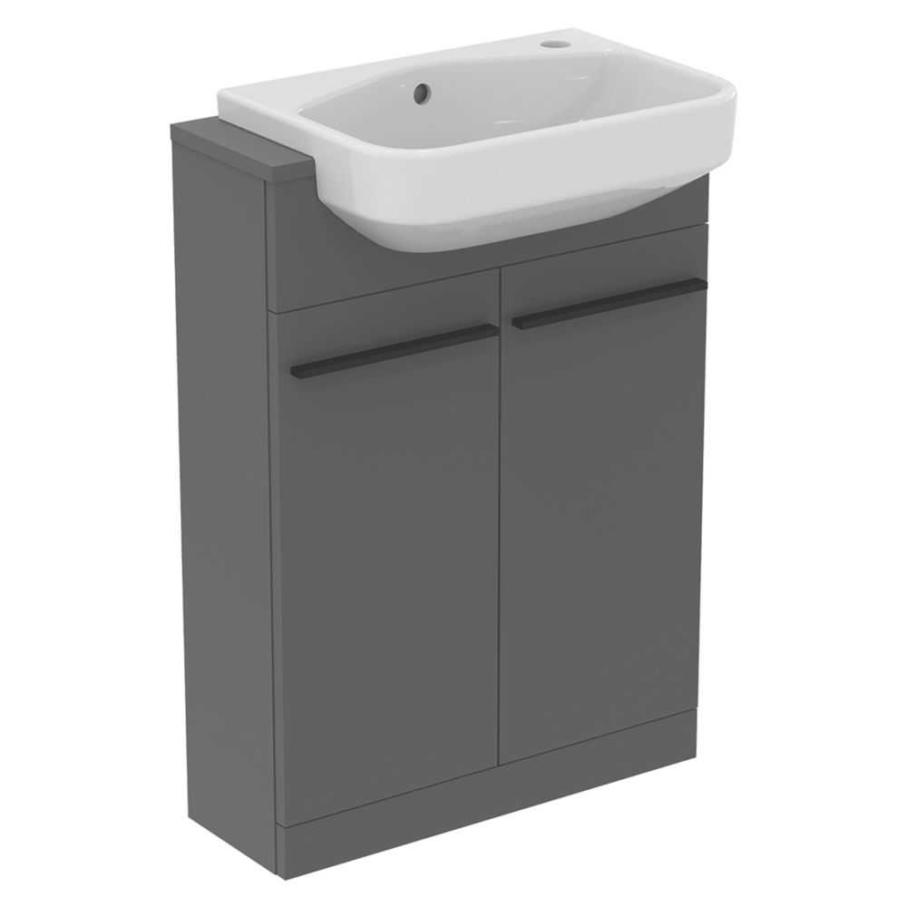 Ideal Standard i.life S Semi-Countertop Floorstanding Basin Unit with Black Handles & Basin Matt Grey 600mm x 210mm x 835mm