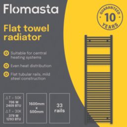 Flomasta 1600mm x 500mm 2409BTU Black Flat  Towel Radiator