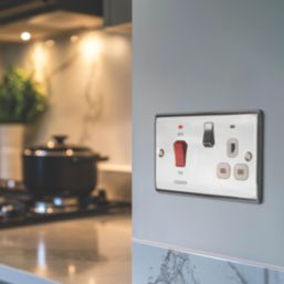 British General Nexus Metal 45A 2-Gang DP Cooker Switch & 13A DP Switched Socket Polished Chrome with LED with White Inserts
