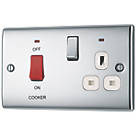 British General Nexus Metal 45A 2-Gang DP Cooker Switch & 13A DP Switched Socket Polished Chrome with LED with White Inserts