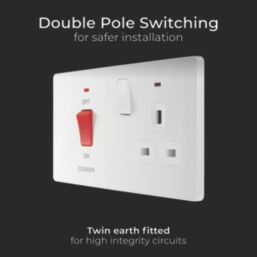 British General Evolve 45A 2-Gang 2-Pole Cooker Switch & 13A DP Switched Socket Pearlescent White with LED with White Inserts