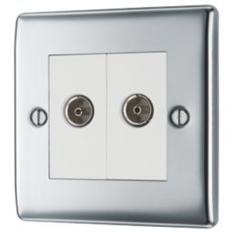 British General Nexus Metal 2-Gang Double Coaxial TV / FM Socket Polished Chrome