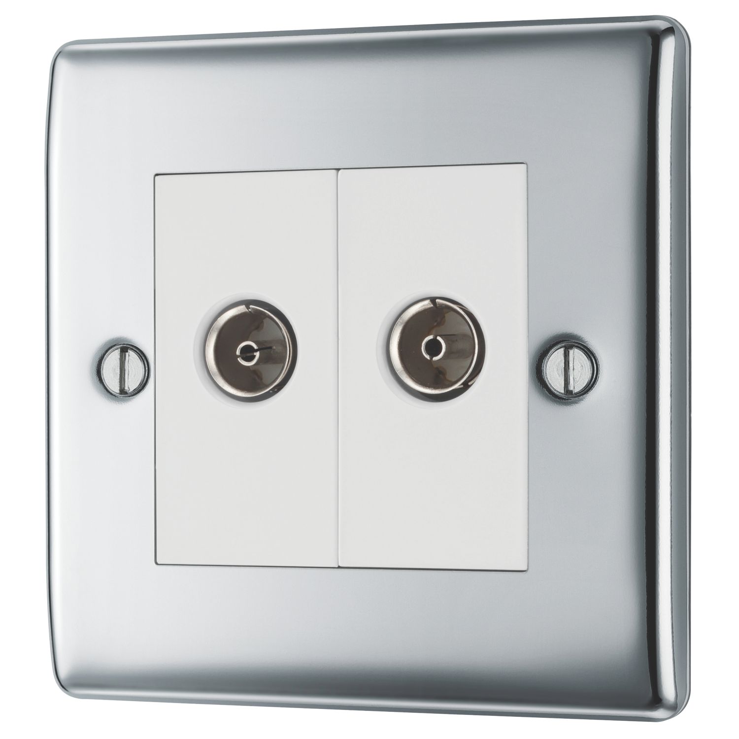 British General Nexus Metal 2-Gang Double Coaxial TV / FM Socket Polished Chrome (662XG)