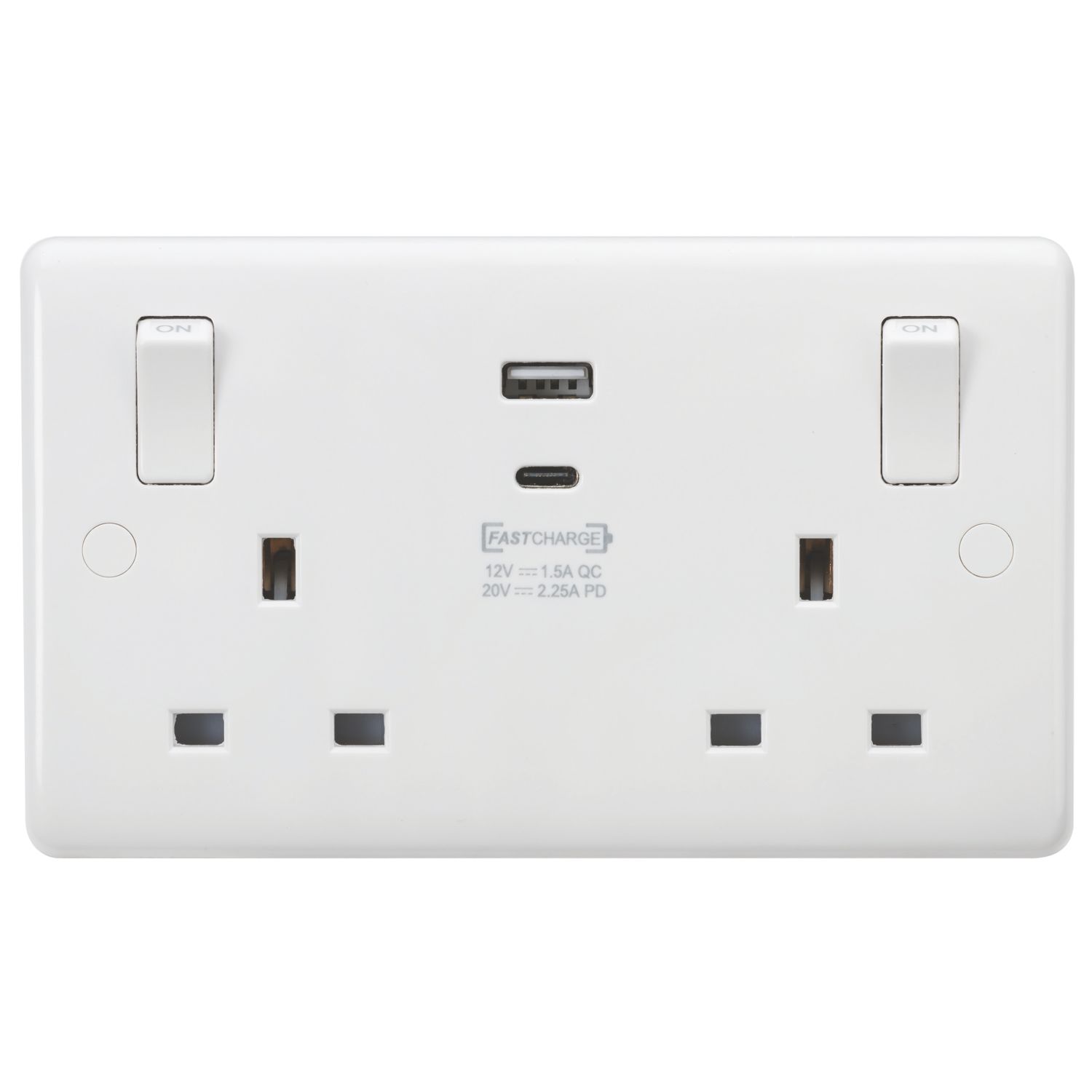 Knightsbridge Curved Edge 13A 2-Gang SP Switched Socket + 2.25A 45W 2-Outlet Type A & C USB Charger White (662YA)