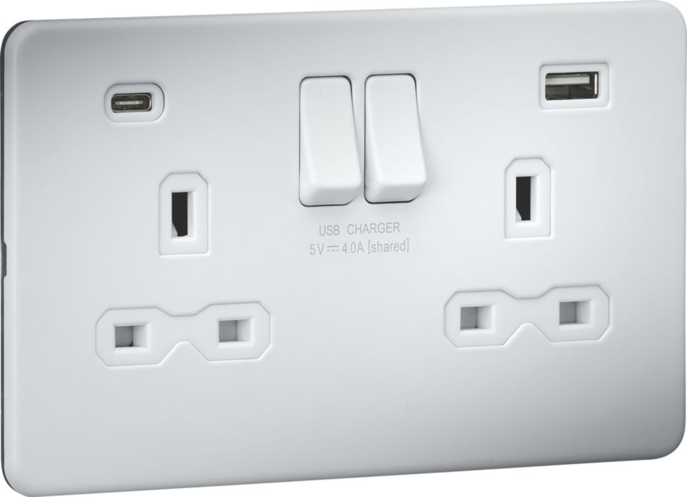Knightsbridge 13A 2 Gang SP Switched Socket 4.0A 20W 2 Outlet Type A C USB Charger Matt White with White Inserts Screwfix