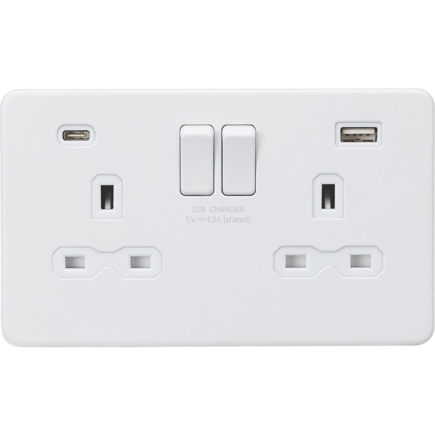 Knightsbridge 13A 2-Gang SP Switched Socket + 4.0A 20W 2-Outlet Type A & C USB Charger Matt White with White Inserts (664PX)