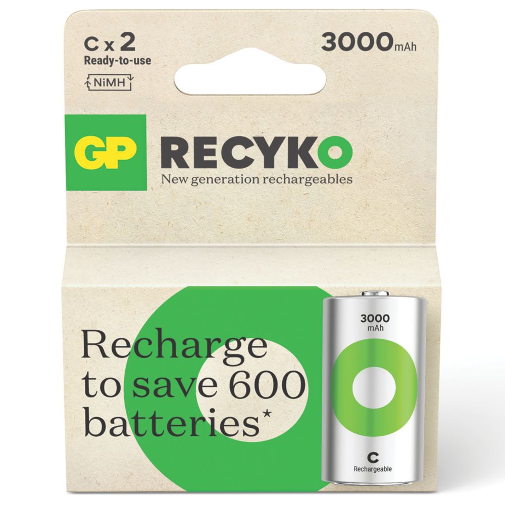 GP Batteries Recyko Rechargeable C Batteries 2 Pack Screwfix
