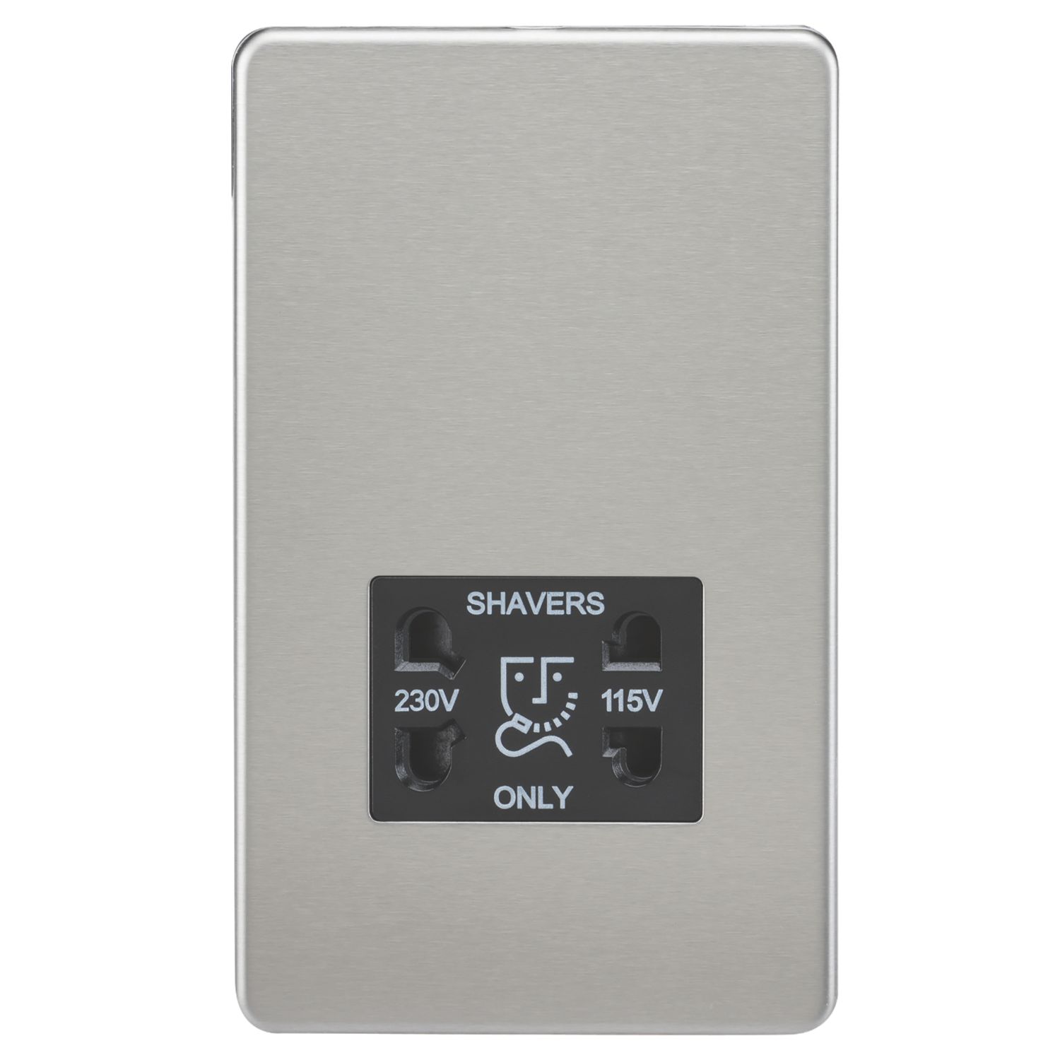 Knightsbridge 2-Gang Dual Voltage Shaver Socket 115 V / 230V Brushed Chrome with Black Inserts (665TX)
