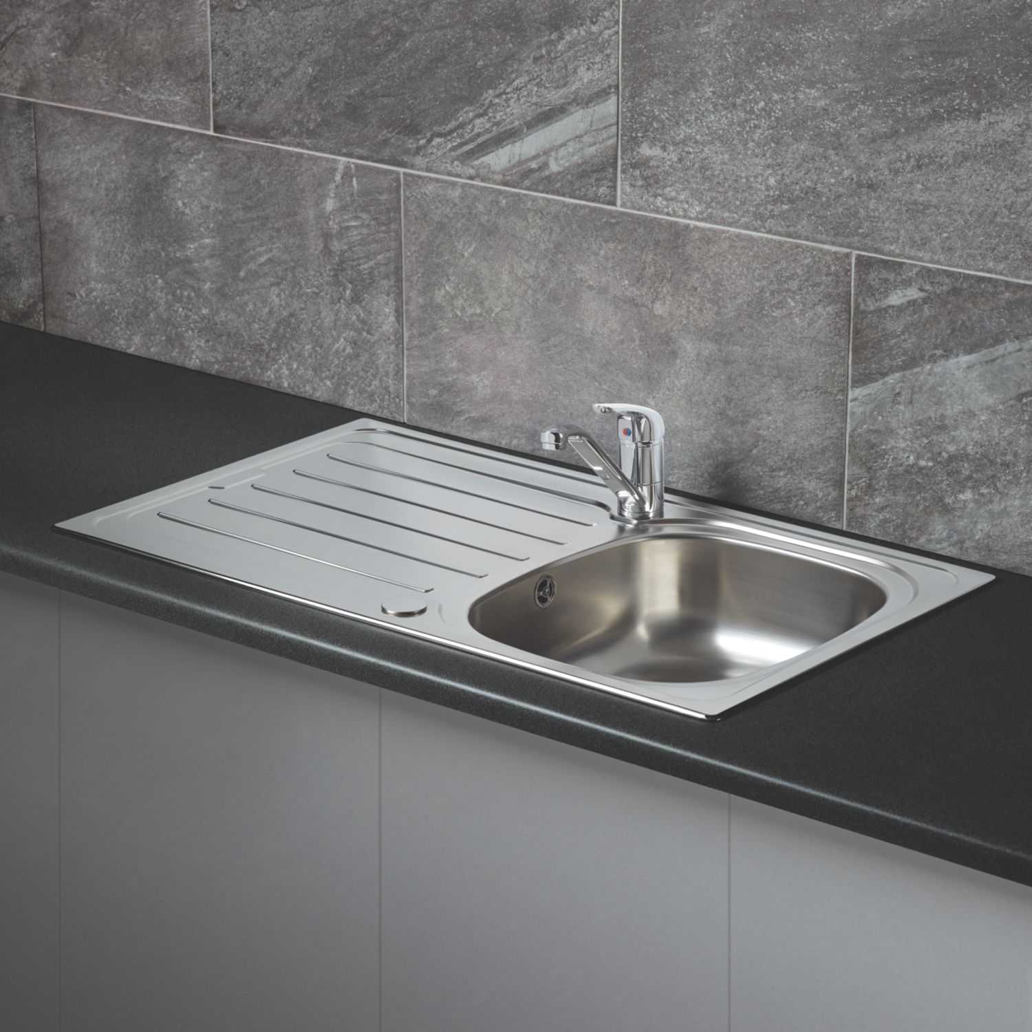 Essentials 1 Bowl Stainless Steel Kitchen Sink & Drainer 860mm x 500mm (6663K)