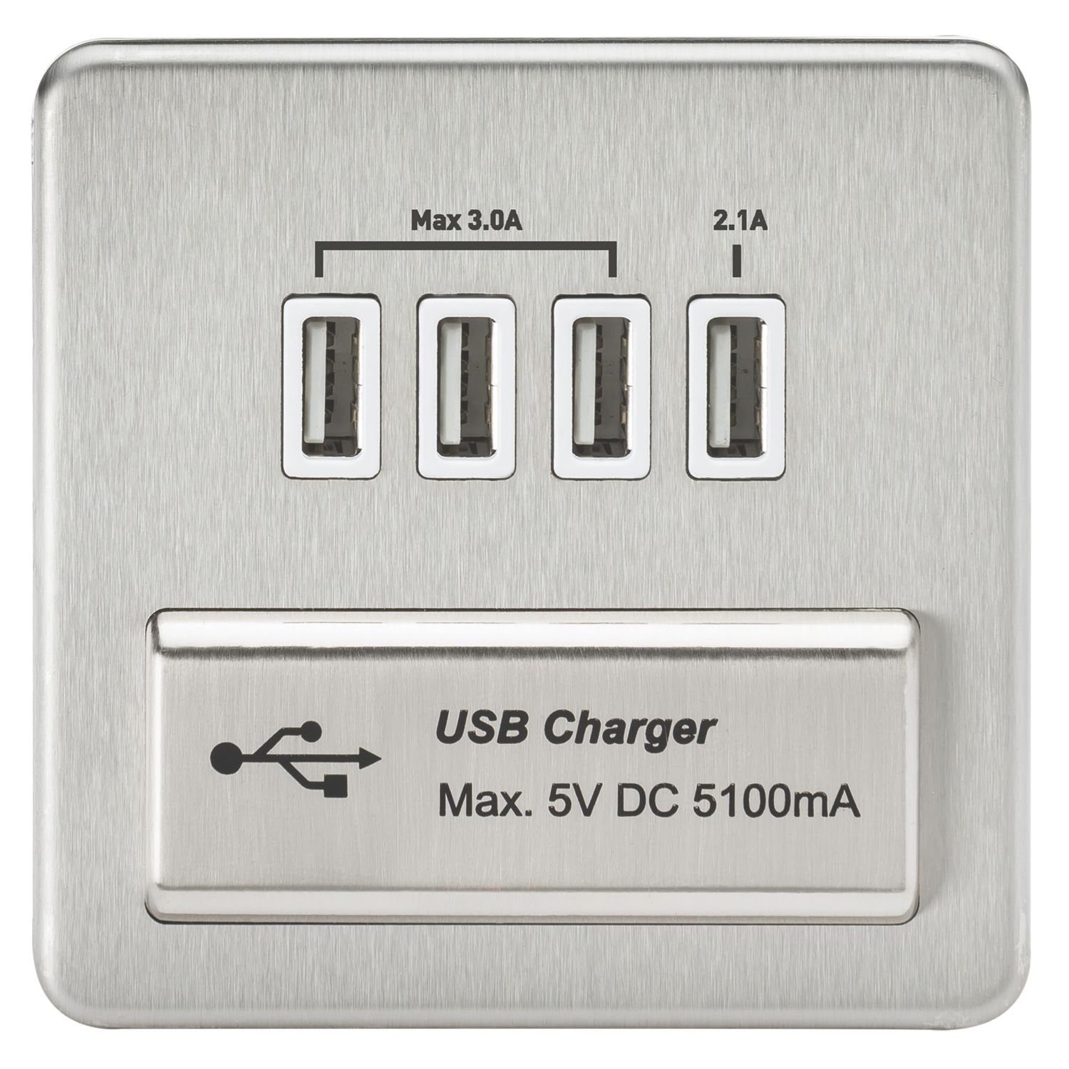 Knightsbridge 5.1A 25.5W 4-Outlet Type A USB Socket Brushed Chrome with White Inserts (666TY)