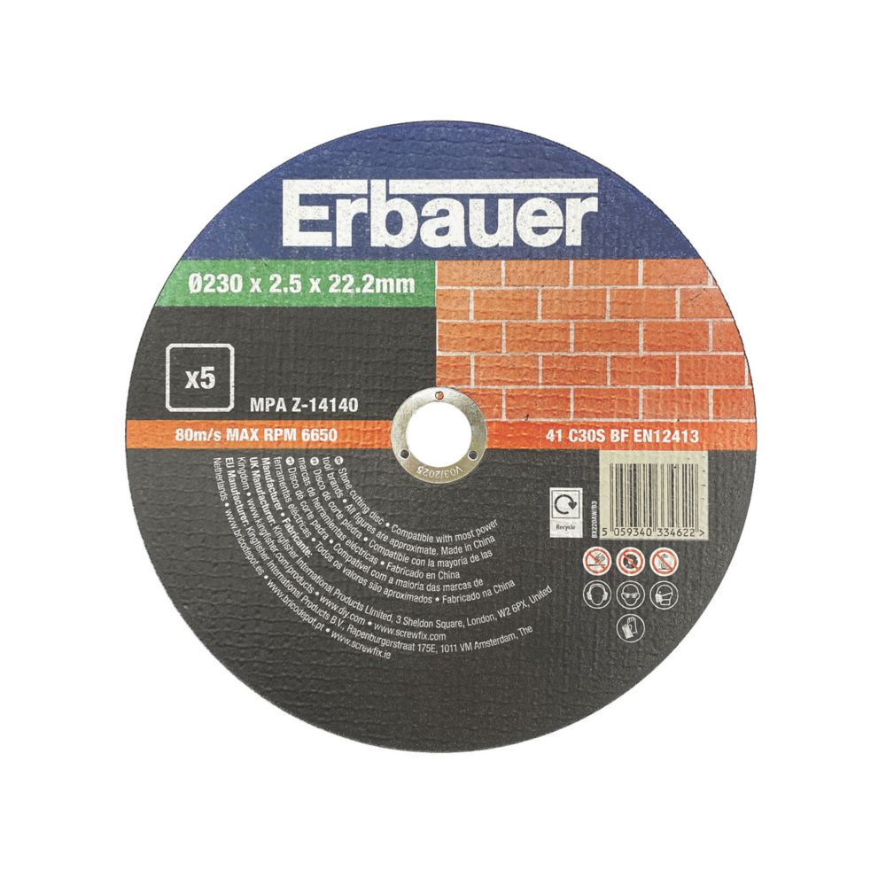 Erbauer Stone Cutting Discs 9" (230mm) x 2.5mm x 22.2mm 5 Pack Screwfix