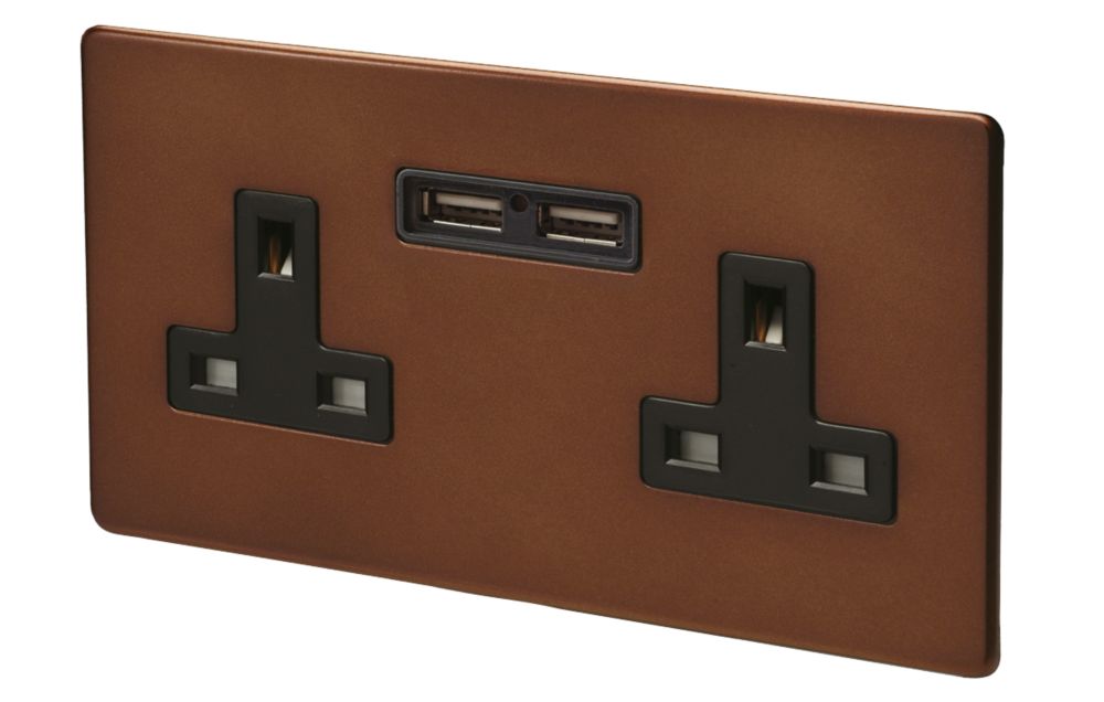 Varilight  13AX 2-Gang Unswitched Socket + 2.1A 10.5W 2-Outlet Type A USB Charger Mocha with Black Inserts