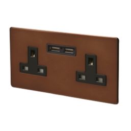 Varilight  13AX 2-Gang Unswitched Socket + 2.1A 10.5W 2-Outlet Type A USB Charger Mocha with Black Inserts
