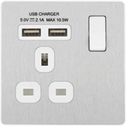 British General Evolve 13A 1-Gang SP Switched Socket + 2.1A 10.5W 2-Outlet Type A USB Charger Brushed Steel with White Inserts