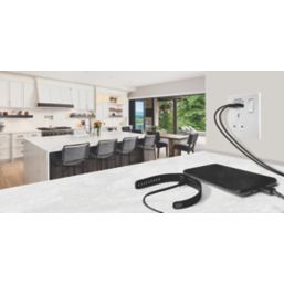 British General Evolve 13A 1-Gang SP Switched Socket + 2.1A 10.5W 2-Outlet Type A USB Charger Brushed Steel with White Inserts