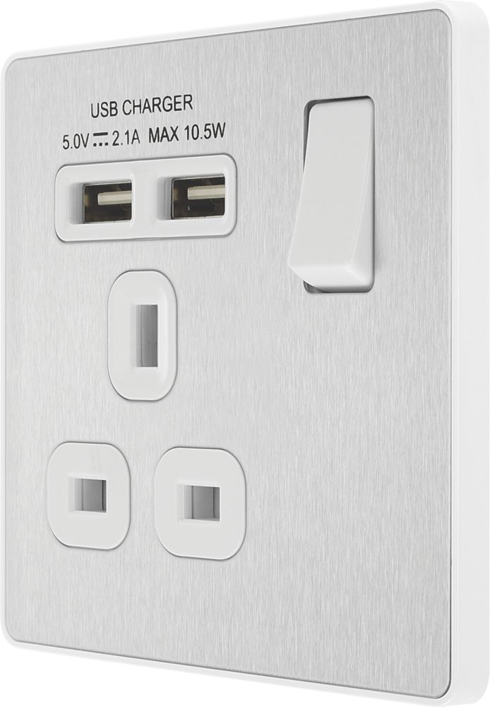 British General Evolve 13A 1-Gang SP Switched Socket + 2.1A 10.5W 2-Outlet Type A USB Charger Brushed Steel with White Inserts
