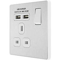 British General Evolve 13A 1-Gang SP Switched Socket + 2.1A 2-Outlet Type A USB Charger Brushed Steel with White Inserts