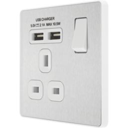 British General Evolve 13A 1-Gang SP Switched Socket + 2.1A 10.5W 2-Outlet Type A USB Charger Brushed Steel with White Inserts