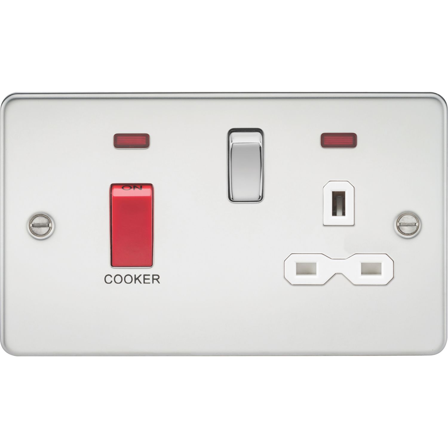 Knightsbridge 45A 2-Gang DP Cooker Switch & 13A DP Switched Socket Polished Chrome with LED with White Inserts (669TY)
