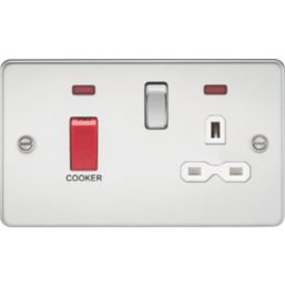 Knightsbridge FPR8333NPCW 45 & 13A 2-Gang DP Cooker Switch & 13A DP Switched Socket Polished Chrome with LED with White Inserts