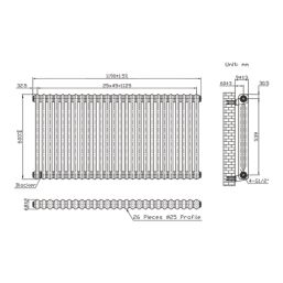 Flomasta 600mm x 1190mm 4175BTU Black Horizontal 2 Column Radiator