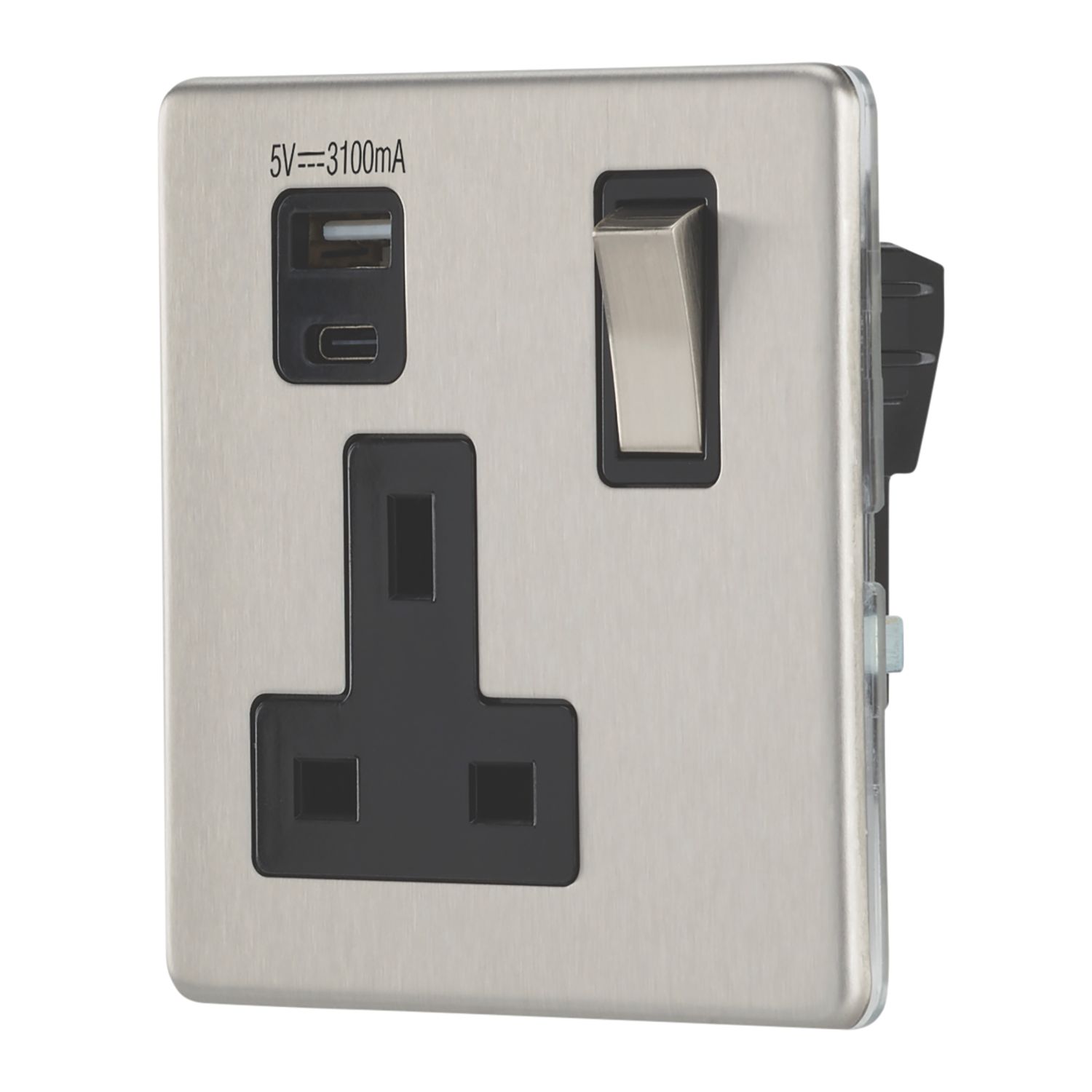 Contactum Lyric 13A 1-Gang DP Switched Socket + 3.1A 15.5W 1-Outlet Type A & C USB Charger Brushed Stainless Steel with Black Inserts (673RP)