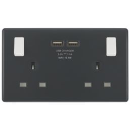 British General Part M 13A 2-Gang SP Switched Socket + 3.1A 15.5W 2-Outlet Type A USB Charger Charcoal