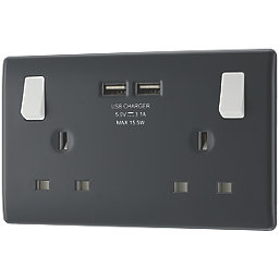 British General Part M 13A 2-Gang SP Switched Socket + 3.1A 2-Outlet Type A USB Charger Charcoal