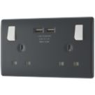 British General Part M 13A 2-Gang SP Switched Socket + 3.1A 15.5W 2-Outlet Type A USB Charger Charcoal