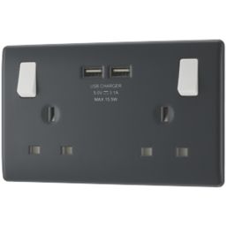 British General Part M 13A 2-Gang SP Switched Socket + 3.1A 15.5W 2-Outlet Type A USB Charger Charcoal