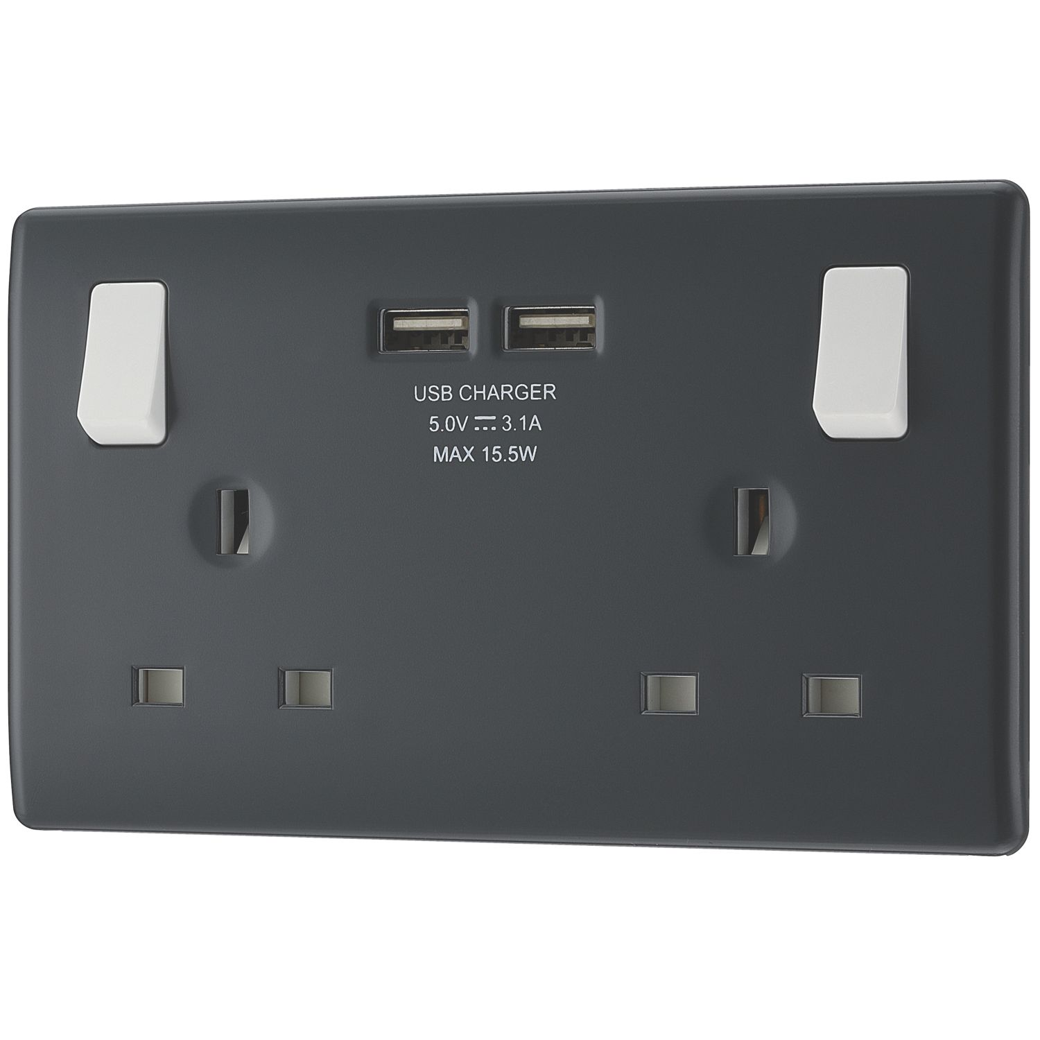 British General Part M 13A 2-Gang SP Switched Socket + 3.1A 15.5W 2-Outlet Type A USB Charger Charcoal (673XG)