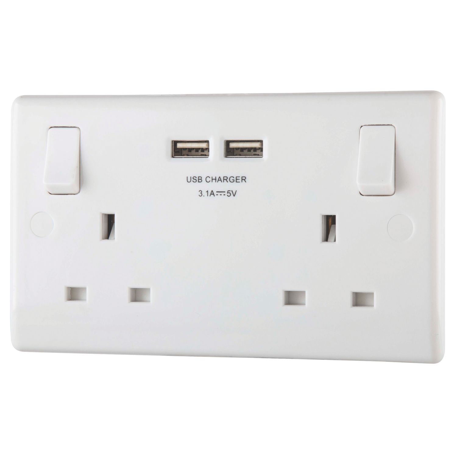 British General 800 Series 13A 2-Gang SP Switched Socket + 3.1A 15.5W 2-Outlet Type A USB Charger White (6764R)