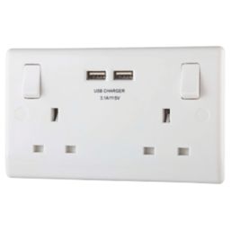 British General 800 Series 13A 2-Gang SP Switched Socket + 3.1A 2-Outlet Type A USB Charger White
