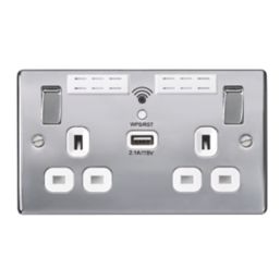 British General Nexus Metal 13A 2-Gang SP Switched Wi-Fi Extender Socket + 2.1A 10.5W 1-Outlet Type A USB Charger Polished Chrome with White Inserts