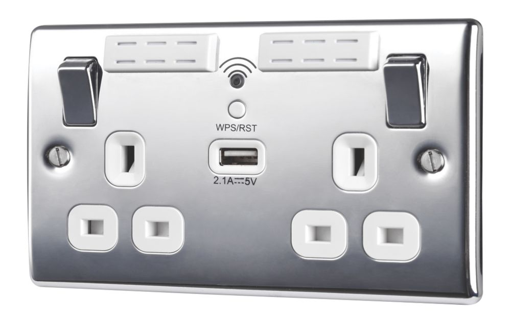 British General Nexus Metal 13A 2-Gang SP Switched Wi-Fi Extender Socket + 2.1A 10.5W 1-Outlet Type A USB Charger Polished Chrome with White Inserts