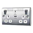 British General Nexus Metal 13A 2-Gang SP Switched Wi-Fi Extender Socket + 2.1A 1-Outlet Type A USB Charger Polished Chrome with White Inserts