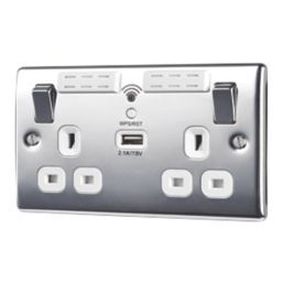 British General Nexus Metal 13A 2-Gang SP Switched Wi-Fi Extender Socket + 2.1A 10.5W 1-Outlet Type A USB Charger Polished Chrome with White Inserts