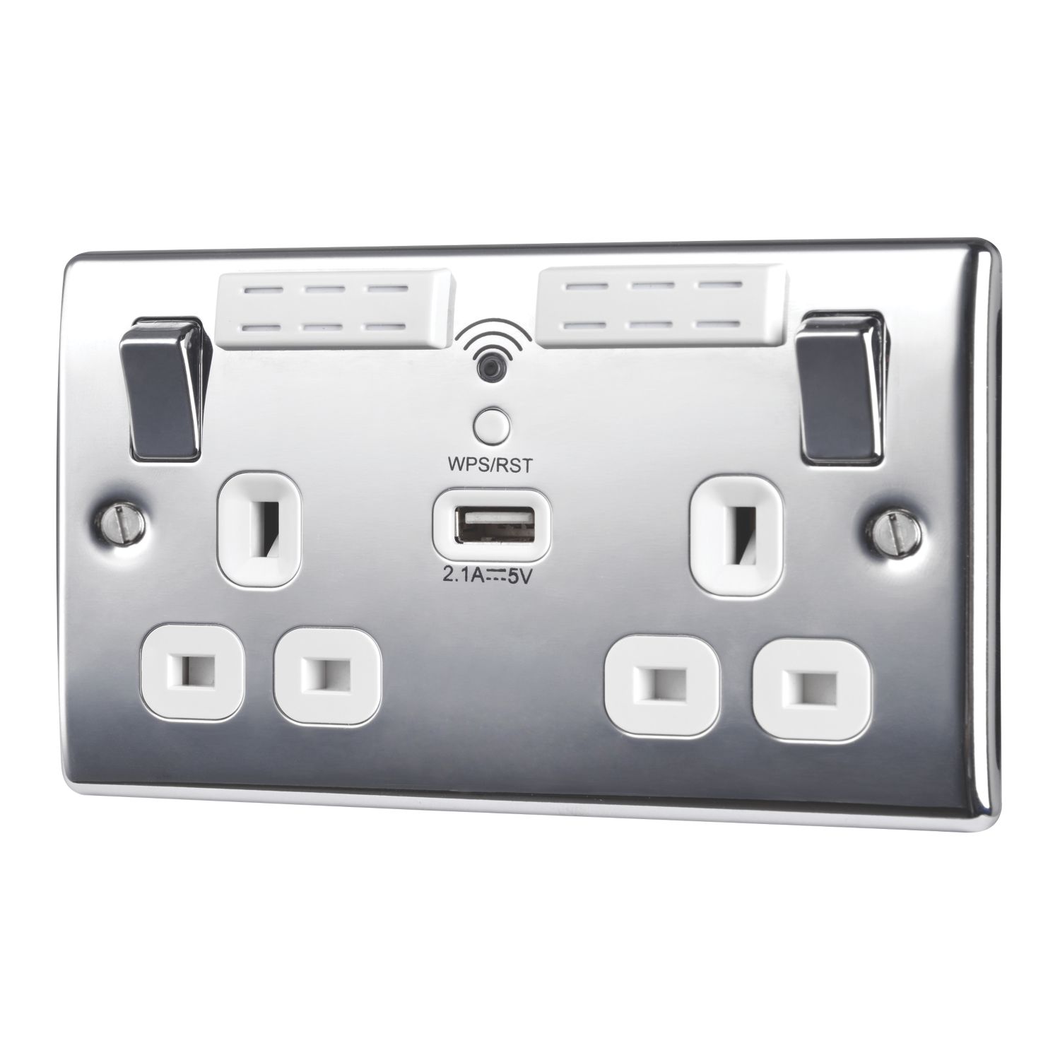 British General Nexus Metal 13A 2-Gang SP Switched Wi-Fi Extender Socket + 2.1A 10.5W 1-Outlet Type A USB Charger Polished Chrome with White Insert...