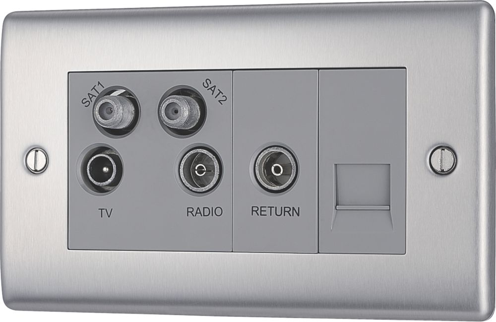 British General Nexus Metal 2-Gang Quadruplex TV Socket Brushed Steel