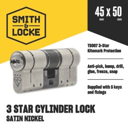 Smith & Locke Fire Rated 3 Star Diamond Double Cylinder Lock 50-45 (95mm) Satin Nickel
